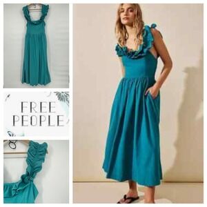 Free‎ People Maxi Dress Ruffle Straps Tie Back Smocked Bodice Pockets Teal